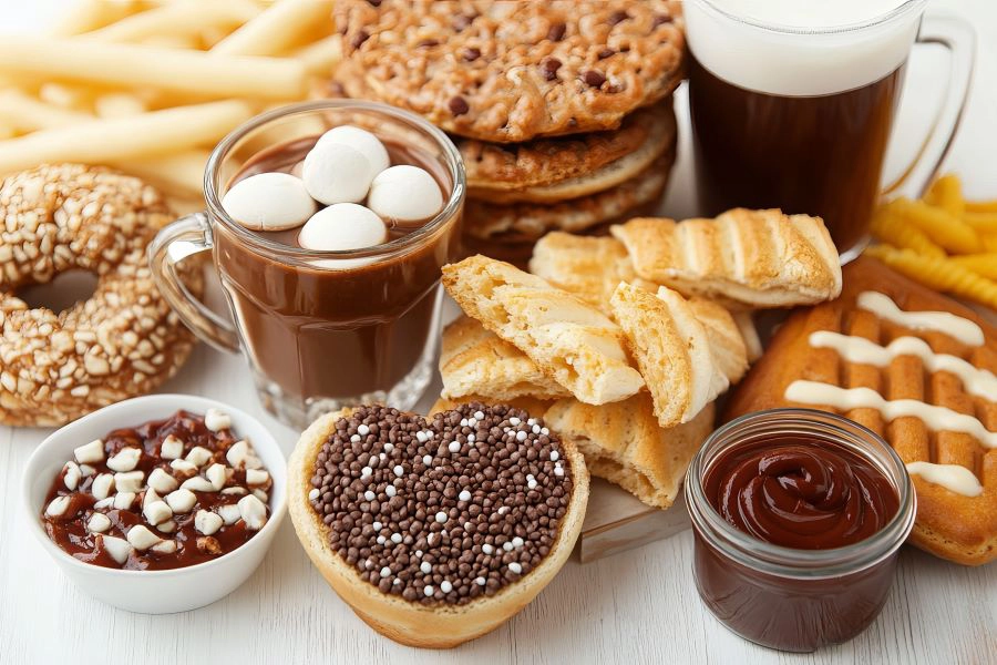 unhealthy junk food on white table, refined carbs